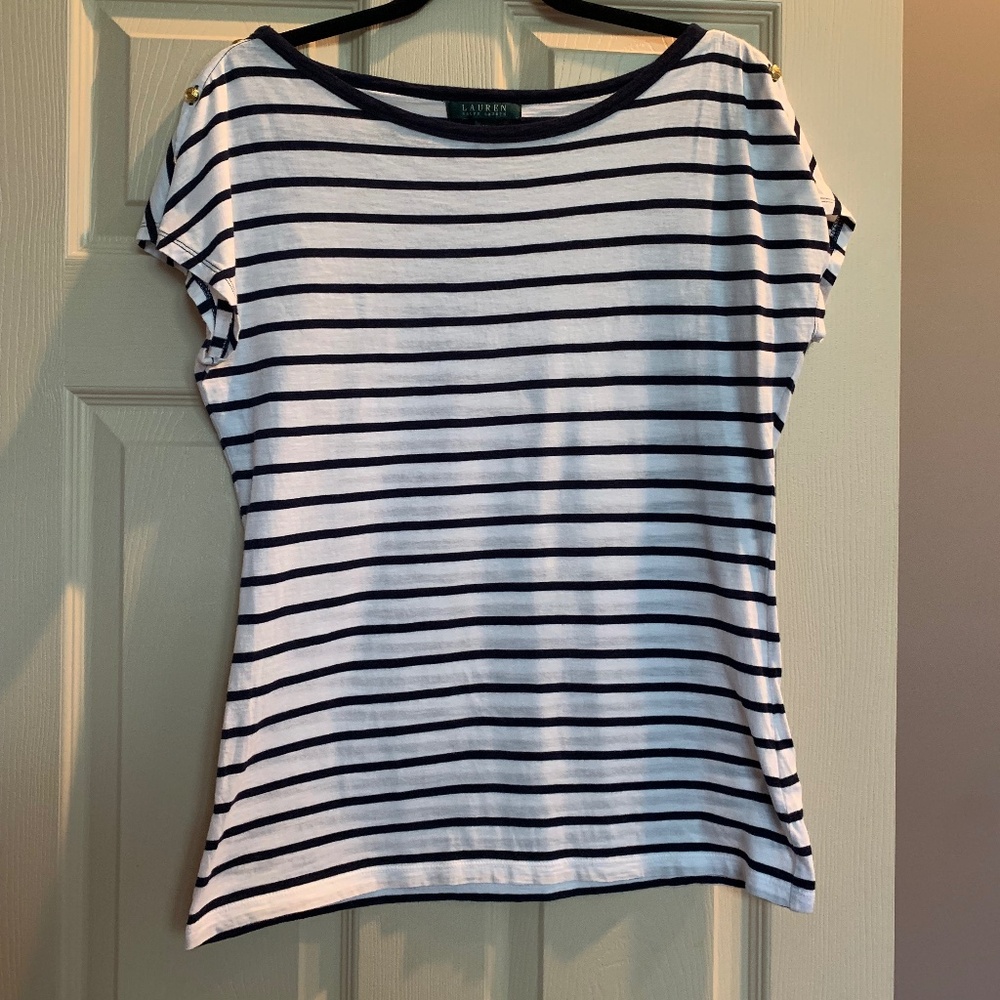 Lauren Ralph Lauren White /Navy Blue Striped Top sz M